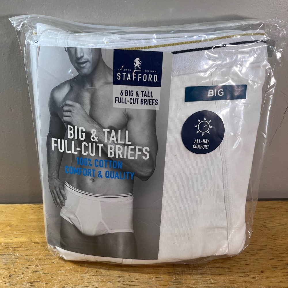 Stafford Full-Cut Briefs 6pk Size 52 White Big & Tall 100% Cotton New